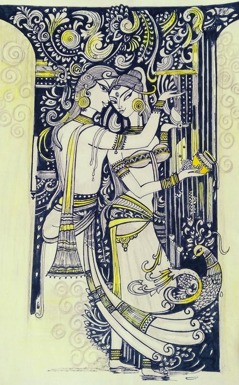 Thooli Art, Sarees Ideas, Batik Saree, Ganesh Art Paintings, Bengali Art, Pen Art Work, India Painting, Boho Art Drawings, Kerala Mural Painting