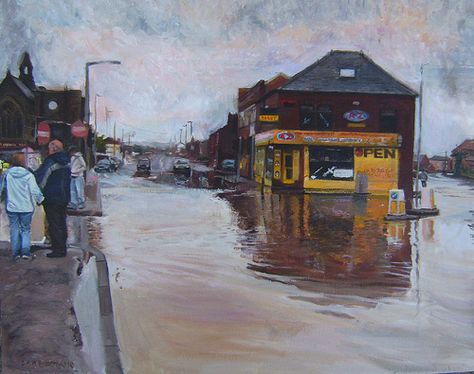 Wakefield Westgate End flood Painting. Flood Painting, Water Flood, Concept Draw, Cityscape Painting, Oil Painting On Canvas, Aesthetic Anime, Lovers Art, Cityscape, Buy Art