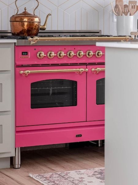 Pink range cooker in grey kitchen design. Shutter Paint Colors, Pink Retro Kitchen, Fixer To Fabulous, Retro Pink Kitchens, Jenny Marrs, Trim Paint Color, Dancing In The Kitchen, Room Fan, Old Fireplace