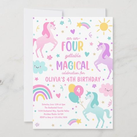 Unicorn Un-Four-Gettable 4th Party Birthday Party Invitation Pink Unicorn Party, Rainbow Unicorn Party, Pony Birthday Party, Rainbow Birthday Invitations, Rainbow Unicorn Birthday, Unicorn Birthday Invitations, Unicorn Invitations, Fairy Birthday Party, 2nd Birthday Invitations