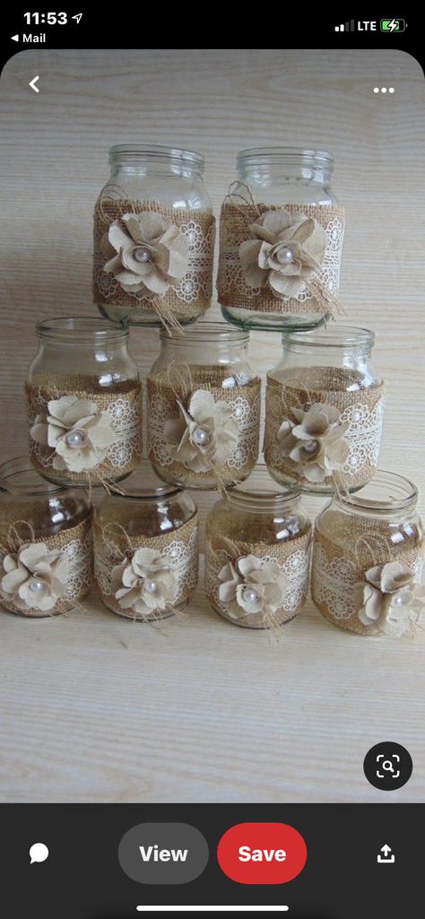 Rustic Wedding Ceremony Decor, Lace Jars, Burlap Centerpieces, Wedding Jars, Burlap Mason Jars, Wedding Burlap, Rustic Wedding Decorations, Barn Wedding Decorations, Handmade Flowers Fabric