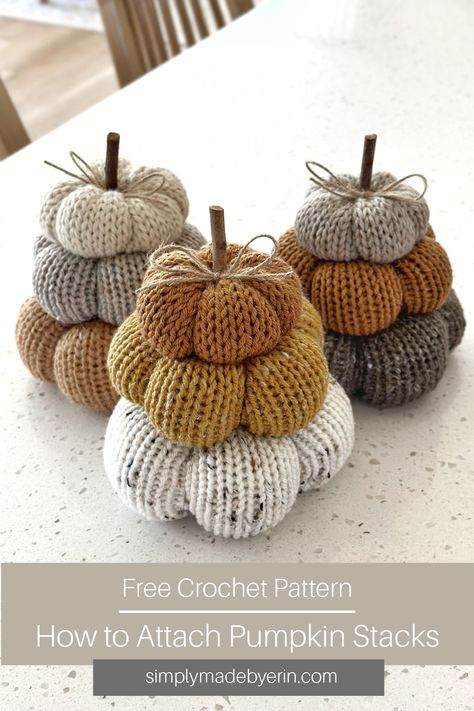 machine knit pumpkin in a stack of three Stacked Crochet Pumpkins, Crochet Stacked Pumpkins Free Pattern, Fall Knitting Machine Patterns, Crochet Pumpkin Stack, Pumpkin Stacks, Pumpkin Topiary Diy, Knit Pumpkins, Craft Thanksgiving, Crochet Fall Decor