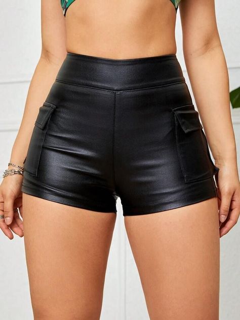 Black Stretch Shorts, Women Leggings Outfits, Killstar Clothing, Pu Leggings, Leather Leggings Outfit, Workwear Shorts, Stretch Denim Shorts, Women Shorts, Y2k Clothes