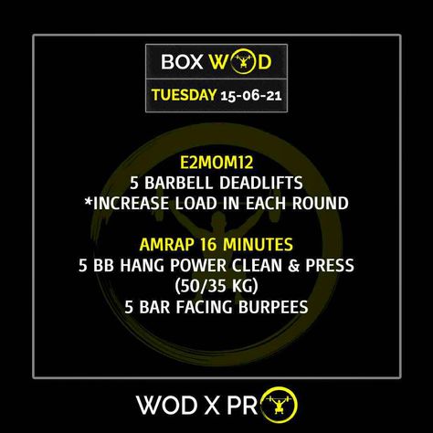 -------------------------------------------------------------------- E2MOM12 5 Barbell Deadlifts Increase load in each round _ Amrap 16 minutes 5 Barbell hang power clean & press (50/35kg) 5 Bar facing burpees ---------------------------------------------------------------------- #wodxpro #wod #workoutoftheday #workoutmotivation #workoutoftheday #workouttime #workout #workoutplan #fitness #dailyworkout #exercise #tuesday #tuesdaymotivation #boxworkout #boxwod #crossfit #crossfittraining #crossfi Workout Of The Day, Cross Training Workouts, Body Build, Clean And Press, Power Clean, Tuesday Motivation, Burpees, Daily Workout, Gym Workout