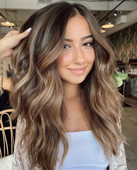 Balayage For Long Brown Hair, Brown Hair Balayage Blue Eyes, Olive Skin Hazel Eyes Hair Color, Highlights Brown Hair Spring, Warm Bayalage Light Brown Hair, Burnette For Spring, Balayage Side Part, Hair For Hazel Eyes, Best Hair Color For Hazel Eyes