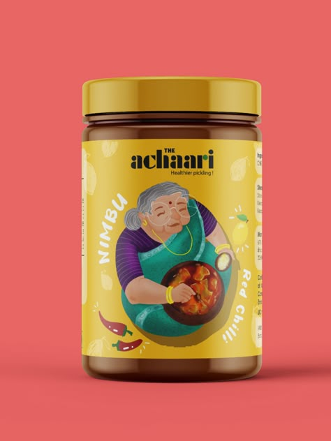 Here's a package design done by me for the Indian Pickle brand called 'The Achaari' Generations and more generations to come but why a generation gap.
The achaari squeezes itself in between and fills the generation gap of pickling.
Tempting flavours and secret spices, are best reasons to taste Achaari once. Pickle Packaging Design Indian, Pickle Branding Packaging Design, Pickle Packaging Design Creative, Fmcg Packaging Design, Indian Spices Packaging, Illustrative Packaging Design, Indian Food Packaging Design, Spices Packaging Design Creative, Pickle Branding