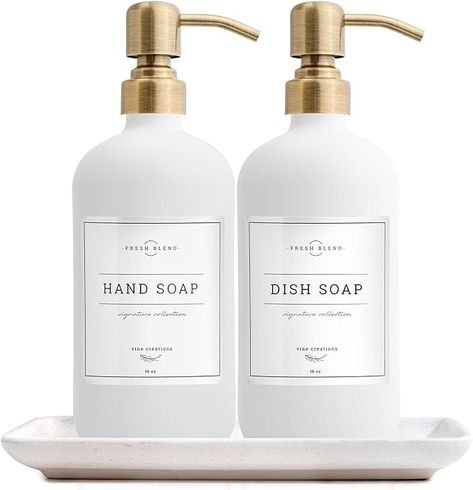 Amazon.com: Vine Creations Glass Soap Dispenser, 2 Pack Kitchen Soap Dispenser Set with Ceramic Tray, Stainless Steel Pump, Dish Soap Dispenser for Kitchen, Hand Soap Dispenser Bathroom with Waterproof Labels : Home & Kitchen Bathroom Soap Display, Kitchen Soap Dispenser Ideas, Kitchen Soap Tray, Soap Dispenser Tray, Kitchen Soap Holder, Soap Dispenser Bathroom, Soap Dispenser Set, Gold Milk, Soap Display