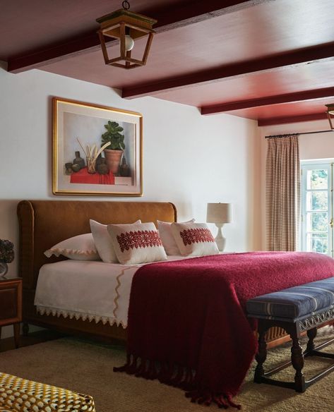 The Painted Ceiling Trend Done Four Distinct Ways - The Interior Collective Dark Painted Vaulted Ceiling, Citron Farrow And Ball, Brown Ceiling White Walls, White Walls Colored Ceiling, Coloured Ceiling Bedroom, Color Drenched Room, Painted Beams Ceiling, Colored Ceiling Bedroom, Painted Ceiling Bedroom