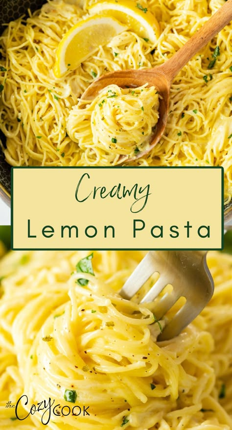 top is creamy lemon pasta on a wooden spoon. Bottom is a plate full of creamy lemon pasta with a silver fork Meatless Spaghetti, Creamy Lemon Pasta, Lemon Pasta Recipes, Cozy Cook, Lemon Spaghetti, Meatless Meal, Easy Pasta Dinner, Chicken Shrimp, Pasta Sides