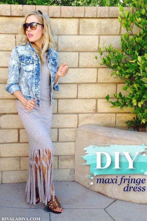 Add this DIY maxi fringe dress from Riva La Diva to your "to sew" list. Diy Fringe Dress, Refurbished Clothes, Clothing Recycling, Diy Fringe, Tshirt Dresses, Shirt Patterns, Diy Joy, Summer Concerts, Clothing Tips