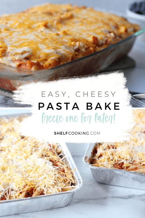 We love this easy freezer meal! Double this simple pasta bake recipe and make one for dinner and throw one in the freezer for later! Freezer Pasta, Easy Pasta Bake, Shelf Cooking, Cheesy Pasta Bake, Pasta Bake Easy, Pasta Bake Recipe, Yummy Casserole Recipes, Simple Pasta, Fruit Salad Easy