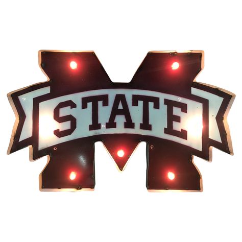 Find the best NCAA gift for your college sports fan from our selection here. Show the world you're a diehard Mississippi State fan with this sign hanging proudly on your wall. The small imperfections and exposed spot welds make each one unique with a rustic aged look that never gets old. The pre-strung glass lightbulbs gleam brightly so your pride shines when the sun is down and green light strands blend discreetly with grass and bushes. All weights and dimensions are approximate. Use caution wh Sign With Lights, Distressed Walls, Mississippi State University, Illuminated Signs, Mississippi State Bulldogs, Cleaning Walls, Mississippi State, Recycled Metal, Arizona Logo