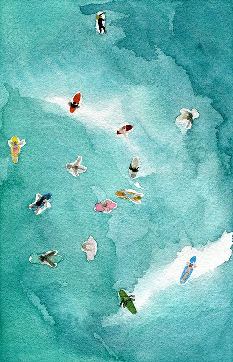 In The Ocean, The Ocean, Watercolor Painting, Birds, Fish, Art Print, Blue, White, Art