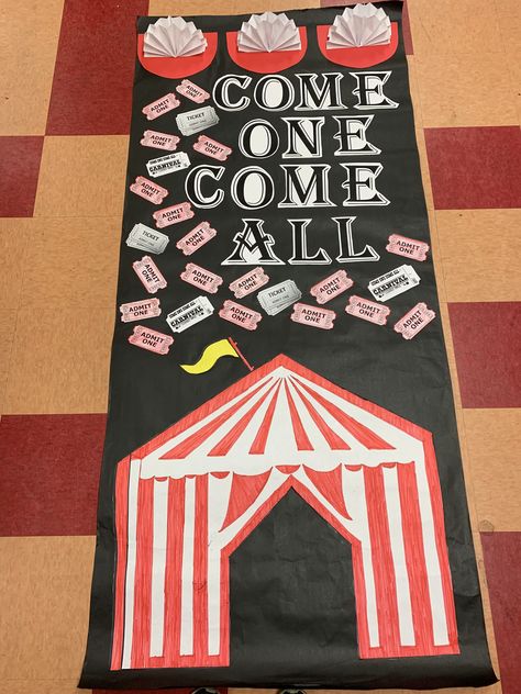 Carnival theme classroom door decoration Carnival Door Decorations, Carnival Classroom, Circus Classroom, Door Decorating Ideas, Circus Crafts, Fair Theme, Come One Come All, Book Of Circus, Circus Decorations