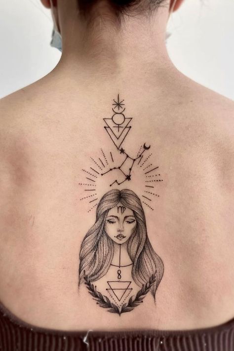 Top 19 Virgo Tattoo Design Ideas Virgo Maiden Tattoo Designs, Virgo Warrior Tattoo, Virgo Chest Tattoo Female, Virgo Back Tattoo, Virgo Maiden Tattoo, Virgo Tattoo Designs For Men, Tattoo Ideas Virgo, Unique Virgo Tattoo Ideas, Virgo Tattoo Designs For Women