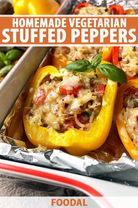 If you crave a refreshing deviation from heavier meat-and-potatoes fare, make a light and healthy dinner tonight. With Foodal’s recipe for vegetarian stuffed bell peppers, enjoy a flavorful filling of white rice mixed with caramelized onions, garlic, tomatoes, and basil. Read more. #vegetarian #stuffedpeppers #foodal Stuffed Pepper Vegetarian Recipe, Vegetarian Stuffed Bell Peppers With Rice, Rice Stuffed Peppers Vegetarian, Stuffed Bell Peppers Vegetarian Rice, Vegan Stuffed Tomatoes, Stuffed Peppers With Rice Vegetarian, Easy Stuffed Bell Peppers Vegetarian, Vegetarian Stuffed Peppers Rice, Stuffed Bell Peppers No Meat