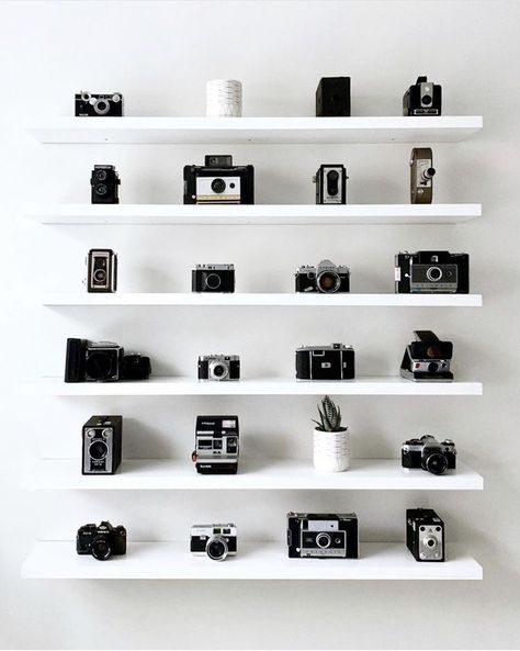 Photographer Home Decor, Photographer Home Office Ideas, Camera Wall Display, Display Camera Collection, Camera Equipment Shelf, Camera Home Decor, Film Camera Display, Home Office Photography Studio, Camera Store Aesthetic