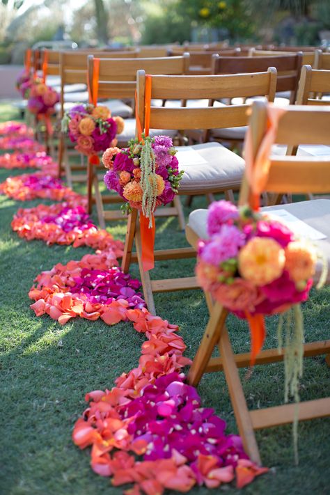 Bright Pink and Orange Ceremony Aisle Florals. Scalloped pink and orange loose flower pedals. Scottsdale Wedding Planner. Edmonton Destination Wedding Planner Jennifer Bergman Weddings. Bright Pretty Outdoor Desert Wedding ceremony. Boda Mexicana, Wedding Aisle Decorations, Sunset Wedding, Aisle Runner, Mexican Wedding, Orange Wedding, Aisle Decor, Wedding Aisle, Arizona Wedding