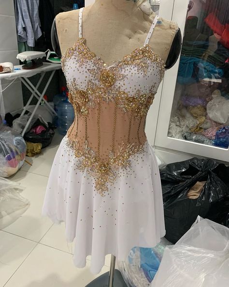 Sparkly Figure Skating Dresses, White And Gold Figure Skating Dress, Gold Figure Skating Dress, Figure Skating Costumes Dresses, Sparkly Dance Costume, White Figure Skating Dress, Gymnastics Dress, Contemporary Dance Outfits, Baton Twirling Costumes