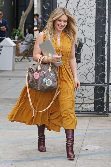 Splurge: Hilary Duff’s 901 Hair Salon $600 Ulla Johnson Marigold Minetta Silk Dress and $1,700 Louis Vuitton World Tour Speedy Bandouliere 30 Bag Speedy 30 Outfit, Louis Vuitton Speedy Outfit, Melie Louis Vuitton, Hilary Duff Style, Louis Vuitton Dress, Louis Vuitton Speedy Bandouliere, 30 Outfits, Model Outfit, Causal Outfits