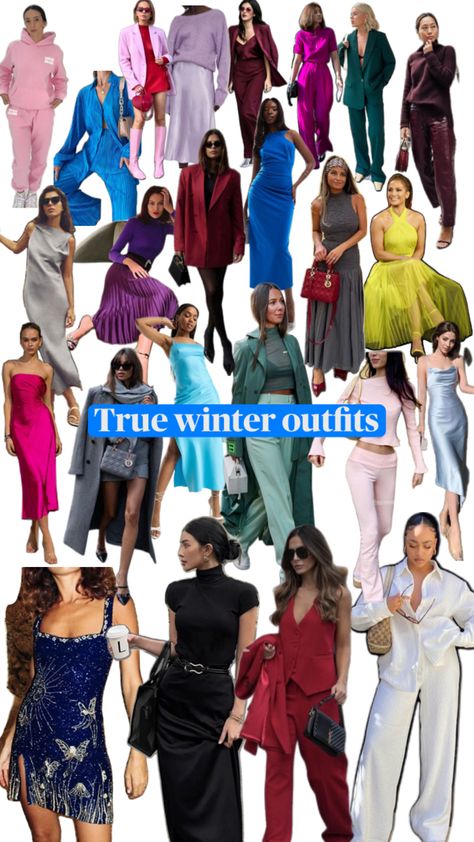 Winter Complexion Outfits, Vivid Winter Color Palettes, True Winter Color Palette Outfit Ideas, True Winter Color Analysis, True Winter Palette Outfits, Cool True Winter Color Palette, Jewel Winter House Of Colour, Winter Colour Palette Outfits, Cool Winter Color Analysis