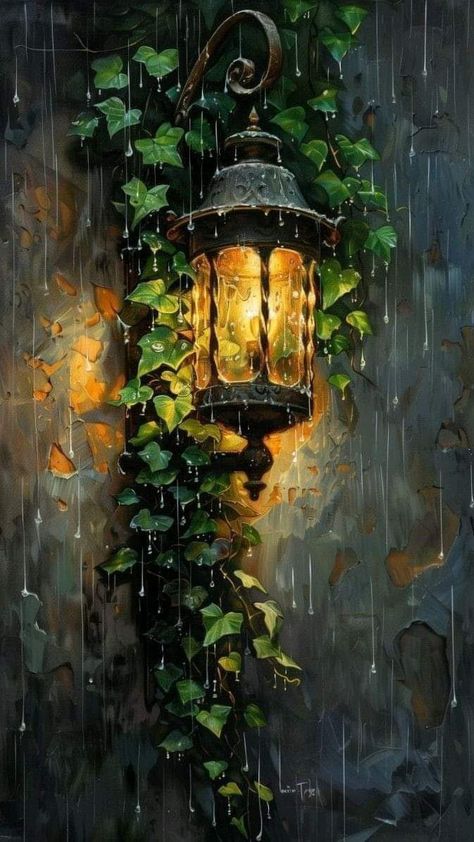 Rainy Forest Painting, Moon Oil Painting, Lamp Painting, Lantern Painting, Rain Painting, Moody Art, Rain Art, Dreamy Artwork, Arte Van Gogh