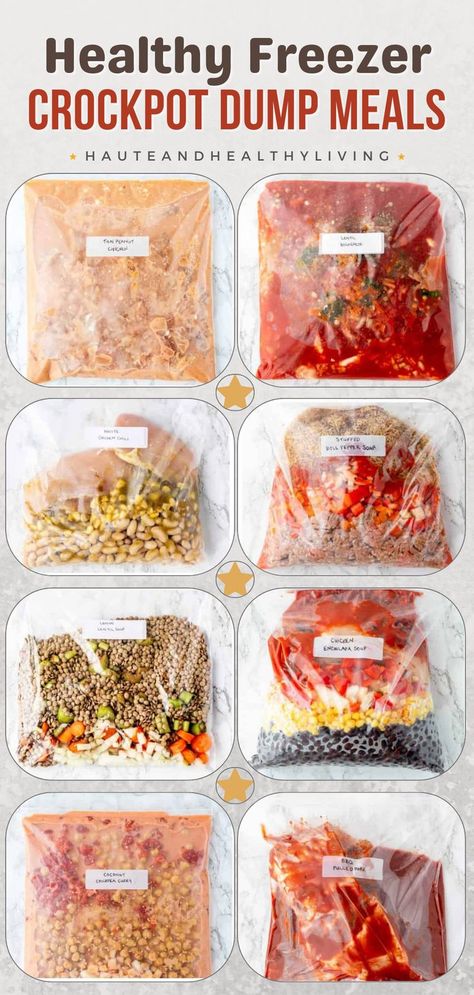 These healthy freezer crockpot dump meals are ideal for busy new moms—easy to prep ahead with no pre-cooking needed! Supper Freezer Meals, Crockpot Freezer Dump Meals Vegetarian, Crockpot Freezer Dump Meals With Shopping List, Ziplock Freezer Meals Dump Dinners, Crock Pot Make Ahead Meals, Meal Prep Dinner Freezer, Healthy Crockpot Meals For Family, Family Freezer Meal Prep, Slow Cooker Make Ahead Freezer Meals