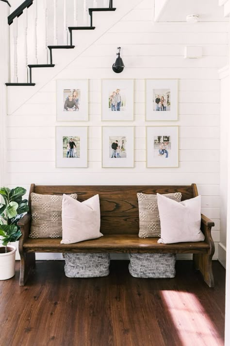 Modern Farmhouse Entry Way - Shiplap with Gallery Wall and Church Pew - Black and White Stairs Bedroom Shiplap, Foyer Wall Decor, Farmhouse Entry, Shiplap Wall, Wall White, Gallery Wall Living Room, Great Friend, Stair Decor, Foyer Design