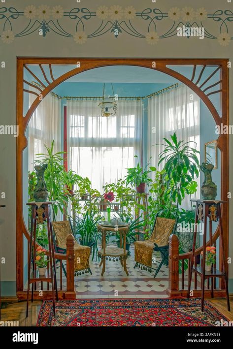 Download this stock image: Living room with winter garden, Art Nouveau, Art Nouveau Museum, Riga, Latvia - 2APXN98 from Alamy's library of millions of high resolution stock photos, illustrations and vectors. Art Nouveau Living Room, Art Nouveau House, Architecture Art Nouveau, Art Nouveau Interior, Design Art Nouveau, Nouveau Architecture, Art Nouveau Furniture, Art Nouveau Decor, Art Nouveau Architecture