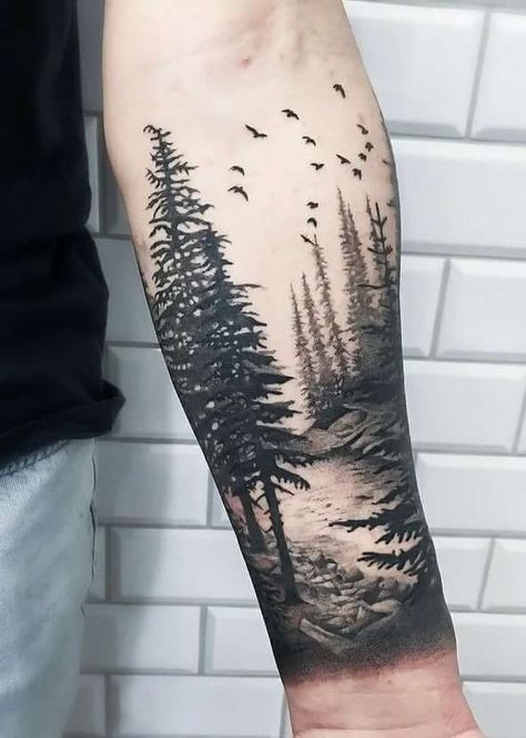 Wilderness Tattoo Sleeve, Forest Tattoo Sleeve, Forest Forearm Tattoo, Natur Tattoo Arm, Wilderness Tattoo, Tree Sleeve Tattoo, Tattoo Sleeve Ideas, Half Sleeve Tattoos Forearm, Nature Tattoo Sleeve