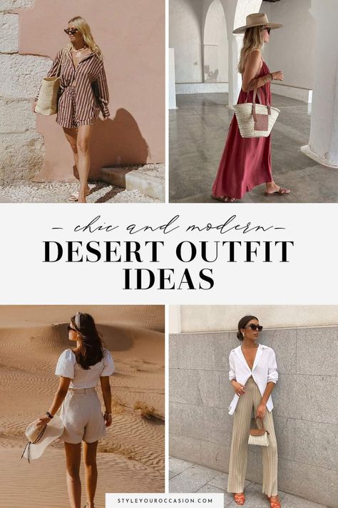 What To Wear In Desert, Dessert Vacation Outfit, Scottsdale Fashion Outfits, Desert Resort Outfits, Dubai Travel Outfit Fashion, Outfits For Middle East Travel, Safari Desert Outfit Women, Dubai Wardrobe Outfit Ideas, Dubai Outfits Ideas January