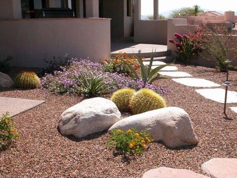 Large Boulders Inexpensive Desert Landscaping Ideas Desert Landscape Front Yard, Landscape Front Yard, Xeriscape Front Yard, Desert Backyard, Xeriscape Landscaping, Rocks Landscaping, No Grass Backyard, Drought Tolerant Garden, Small Front Yard Landscaping