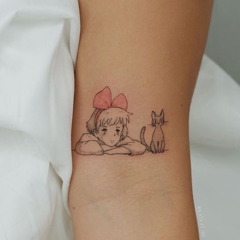 Kiki's Delivery Service Tattoo, Miyazaki Tattoo, Tatuaje Studio Ghibli, Studio Ghibli Tattoo, Nyc Tattoo, Ghibli Tattoo, Petite Tattoos, Kawaii Tattoo, Red Ink Tattoos