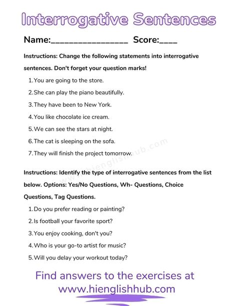 Interrogative Sentence (Definition, Types, Rules, And Free Worksheet) - Hi English Hub Interrogative Sentences, Interrogative Sentences Worksheet, Tenses Chart, English Grammar Tenses, Yes Or No Questions, Back Hand Mehndi Designs, Kids Poems, Sentence Structure, English Sentences