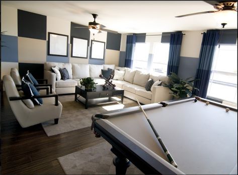 Pool table in living room Living Room With Pool, Man Cave Designs, Room With Pool Table, Luxury Game Room, Fun Living Room, Mens Room Decor, Pool Table Room, Man Cave Design, Recreational Room