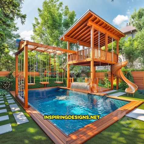 Cool Backyard Ideas For Kids, Backyard Fun For Kids, Backyard Pool And Patio Ideas, Patio Ideas Backyard, Patio Landscape Design, Backyard Pool Parties, Backyard Kids, Wooden Pool, Dream Backyard Pool