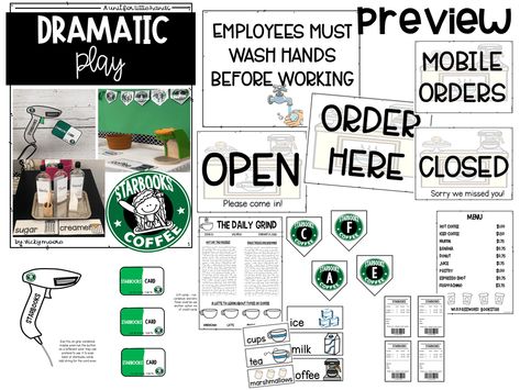 Starbooks Cafe dramatic play Starbucks Dramatic Play Coffee Shop, Cafe Dramatic Play, Coffee Shop Classroom, Target Store, Dramatic Play Preschool, Dramatic Play Area, Starbucks Diy, Dramatic Play Centers, Social Emotional Skills