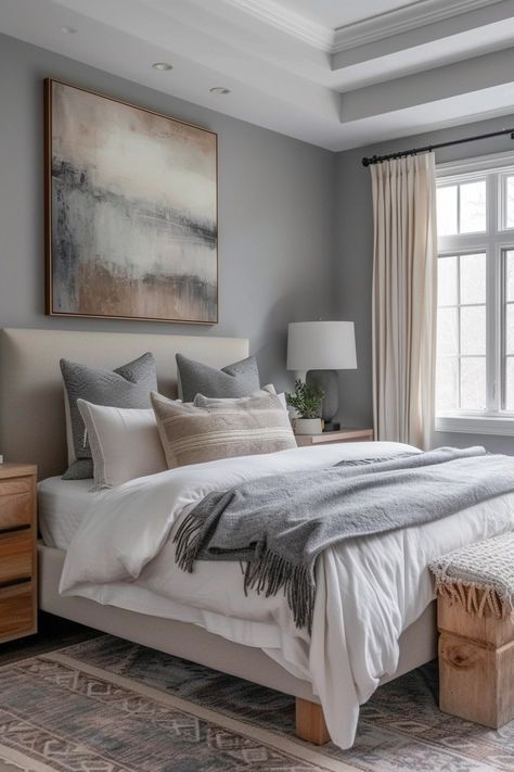 15 Agreeable Gray Bedroom Ideas That Are Both Neutral And Serence Light Gray Paint Bedroom, Agreeable Gray Bedroom Ideas, Agreeable Gray Bedroom, Gray Bedroom Ideas, Blue Velvet Accent Chair, Blue And Pink Bedroom, Gray Bedroom Walls, Country Style Bedroom, Wall Color Combination