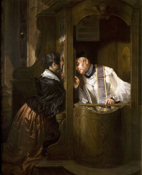 "La confessione" (The Confession) by Giuseppe Molteni (1838). Oil on canvas. Italian painter. Woman kneeling in the confessional was thought by some contemporary critics to represent a young mother who had yielded to the advances of an admirer. Location: Gallerie di Piazza Scala, Milano (Italy) Catholic Confession, Podcast Artwork, Sacrament Of Penance, Examination Of Conscience, Creepy Facts, Catholic Priest, Simple Acrylic Paintings, Catholic Art, Roman Catholic