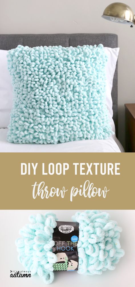 Learn how to finger knit this cool DIY throw pillow made with loop yarn How To Finger Knit, Loop Pillow, Diy Throws, Finger Knitting Projects, Loopy Yarn, Finger Knit, Diy Throw Pillows, Finger Crochet, Easy Knitting Projects