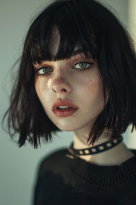 Young woman with bangs, green eyes, and a nose ring, wearing a choker, looking intently at the camera. Gazebo Design, Growing Out Bangs, Perfect Bangs, How To Cut Bangs, Backyard Gazebo, How To Style Bangs, Back To School Hairstyles, Chic Hairstyles, Low Ponytail