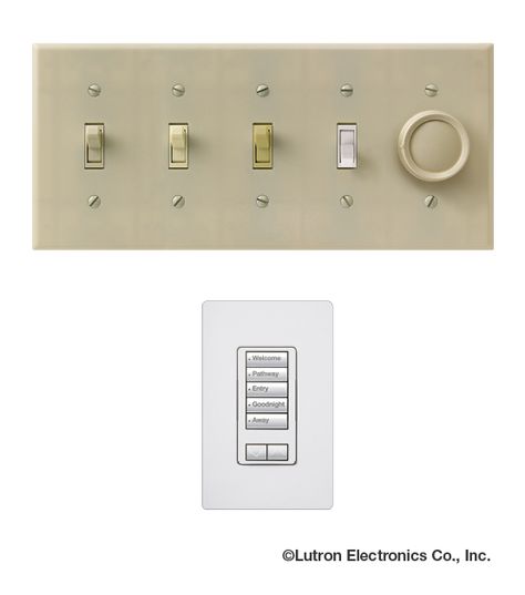 Get rid of that row of ugly switches! With a Lutron light control system you can control those same lights with a stylish keypad. http://www.lutron.com/en-US/Residential-Commercial-Solutions/Pages/Residential-Solutions/WholeHomeSolutions.aspx?utm_source=Pinterest_medium=BeforeAfter_WallAcne_campaign=SocialMedia Lutron Light Switches, Smart Home Switches, Lighting Control System, Urban Interiors, Old Lights, Home Automation System, Single Room, Light Switches, Home Technology