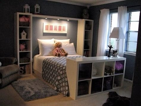 Bookshelves to Frame the Bed Raskog Ikea, Girls Bedroom Storage, Small Bedroom Storage, Tiny Bedroom, Makeover Bedroom, Bedroom Walls, Trendy Bedroom, House Bedroom, Travel Diy