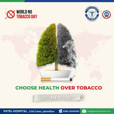 #WorldNoTobaccoDay Don’t let Tobacco affect the quality of your life and health. Say No To Tobacco. Quit tobacco today! ......................................................... To 𝗕𝒐𝒐𝒌 𝗔𝒏 𝗔𝒑𝒑𝒐𝒊𝒏𝒕𝒎𝒆𝒏𝒕 with us, 📲 0181-5241000 / 9216284444 🌐 www.patelhospital.com 📌 Patel Hospital, Civil Lines, Jalandhar City, Punjab. #WorldNoTobaccoDay #PatelHospital #GoodHealth #BestHospital #PatientCare #YourHealthPartner #Jalandhar #Punjab #Himachal #Jammu #India #JoAaveSoRaaziJaave Hospital Creative Ads, Healthcare Advertising, Dental Posters, Awareness Poster, Best Hospitals, Creative Ads, Lungs, India, Health