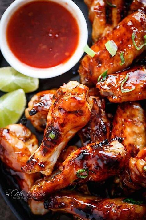 Thai Chicken Wings Recipe, Thai Chicken Wings, Teriyaki Wings, Cooking Chicken Wings, New Year's Eve Appetizers, Thai Chili, Cafe Delites, Cooking Chicken, Thai Chicken