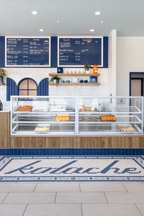 restaurant design DFW Kolache Shoppe Celina Texas floor mural Blue Coffee Shop, Greece Cafe, Bakery Interior Design, Celina Texas, Bakery Interior, Bakery Design Interior, Public Space Design, Floor Murals, Bakery Design