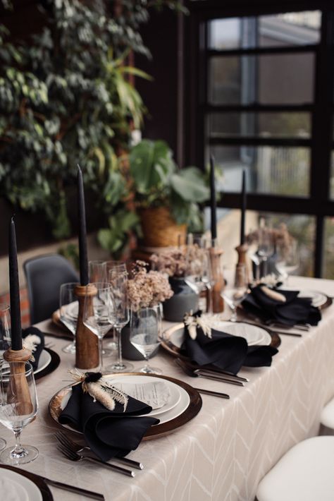 Dark And Modern Neutral Palette Wedding Inspiration Shoot | Junebug Weddings Roaring 20s Table Setting, Dark Neutral Wedding Colors, Black And Neutrals Wedding, Black Table Wedding, Salt Plains, Matric Farewell, Dark Wedding Theme, Modern Table Setting, Neutral Wedding Colors