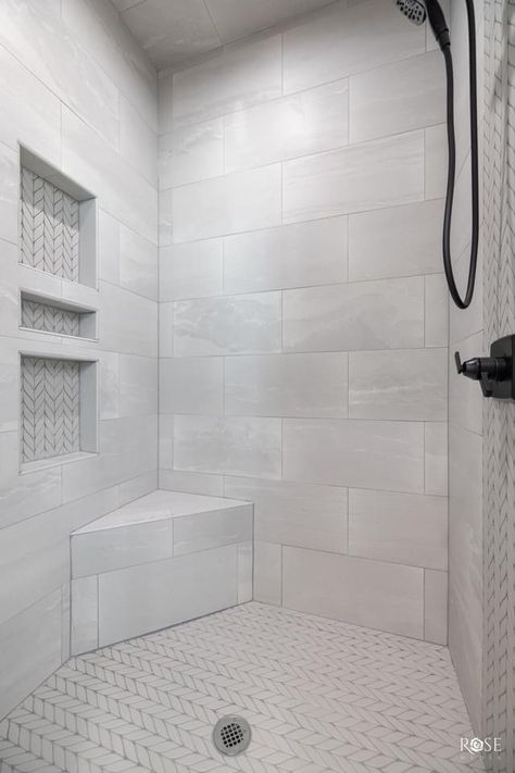 Large Shower Tile, Shower Cabinets, Full Bathroom Remodel, Bathroom Master, White Bathroom Designs, Bathroom Plans, Bathroom Shower Walls, Shower Floor Tile, Bathroom Redesign