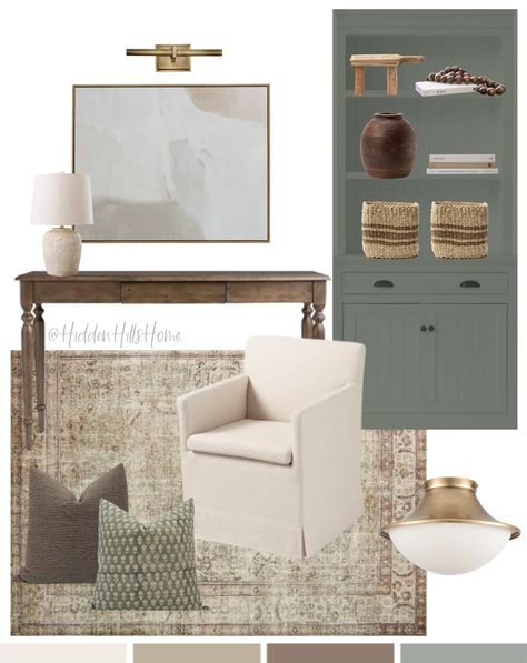 Bedroom Turned Office, Home Office Mood Board, Home Office Shelf Decor, Shared Office Space Ideas, Mood Board Home, Shelf Decor Office, Office Mood Board, Office Shelf Decor, Color In Interior Design