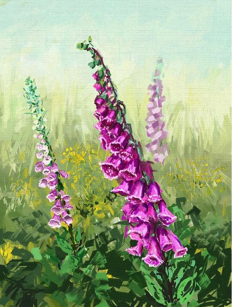 Foxglove Painting Acrylic, Foxglove Flower Painting, Foxglove Wallpaper, Painting Foxgloves, Foxglove Painting, Foxglove Art, Garden Concept Art, Composition Painting Ideas, Acrylic Paint Flowers